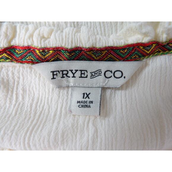 Frye & Co Top Shirt 1X White Gauzy Boho Peasant Ruffle Balloon Sleeve - Picture 2 of 12